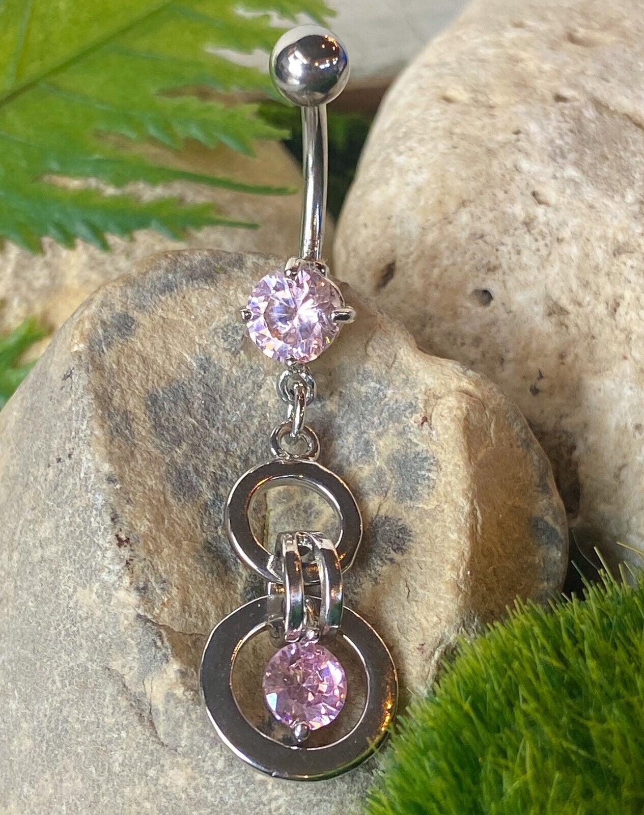Double Circle CZ Gem Dangle Belly Ring Navel Naval Clear, Pink, Aqua