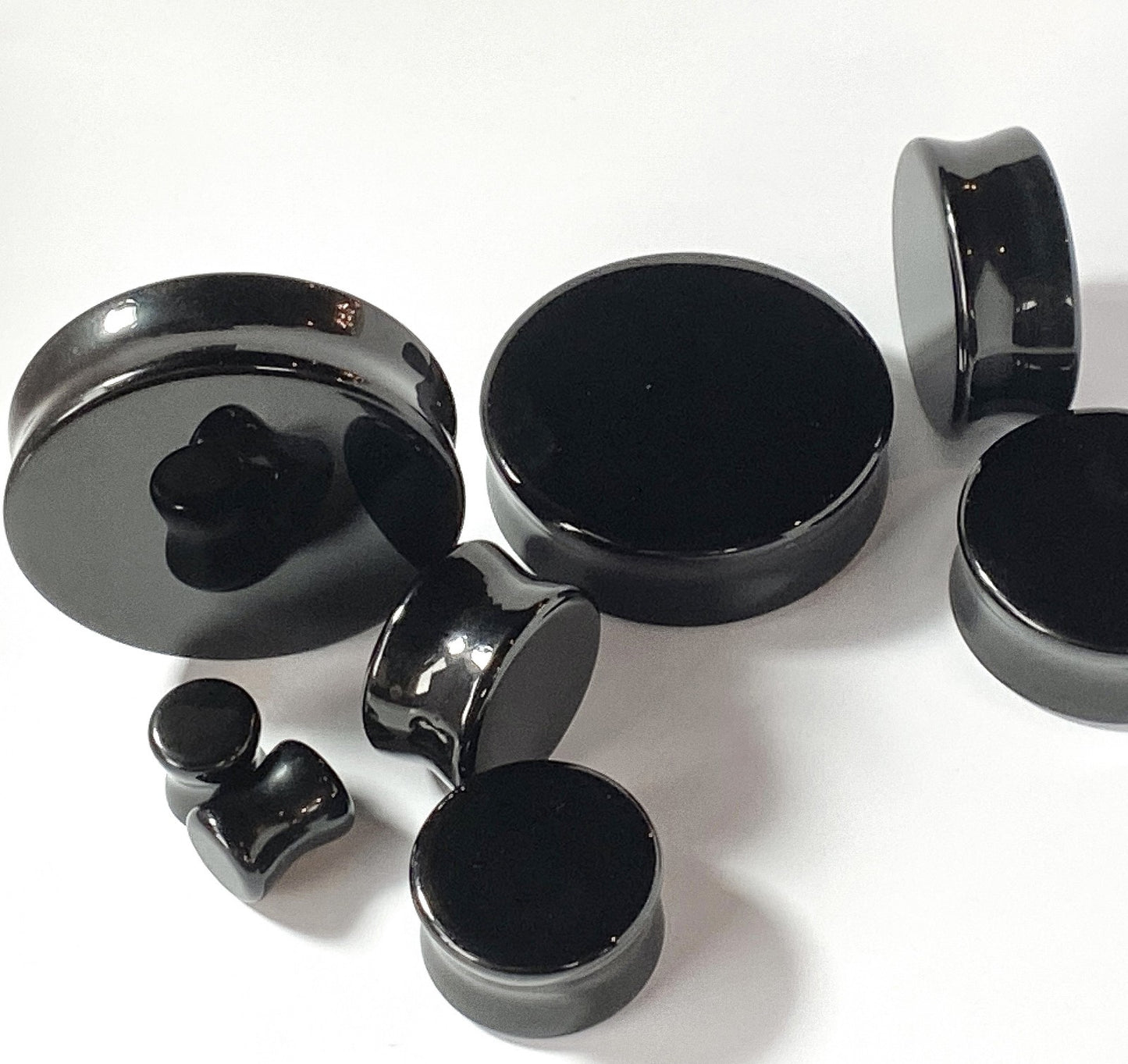 PAIR Black Flat Glass Double Flare Plugs Gauges Earlets Body Jewelry