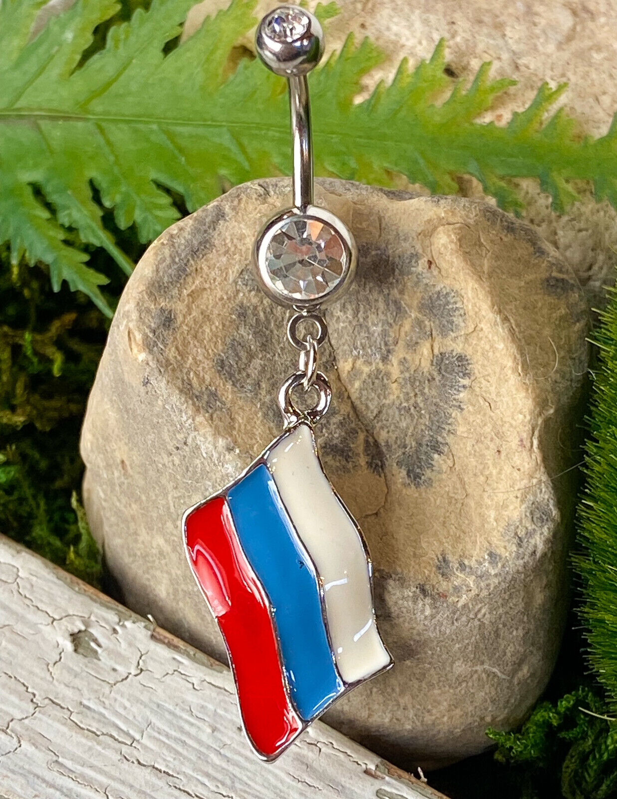 Flag Belly Ring 316L Surgical Steel Pierced Navel Naval Patriotic Country CZ Gem