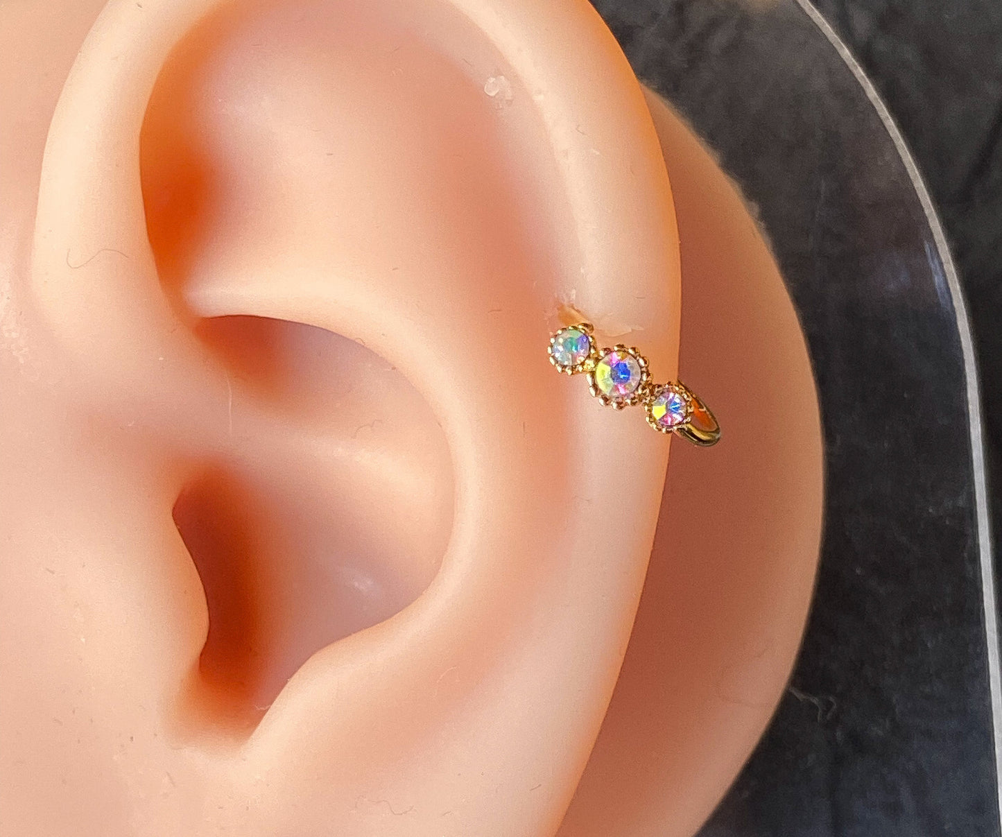 1pc Yellow Gold Three CZ Gem Hoop Nose / Cartilage Ring Rook Daith Helix Tragus