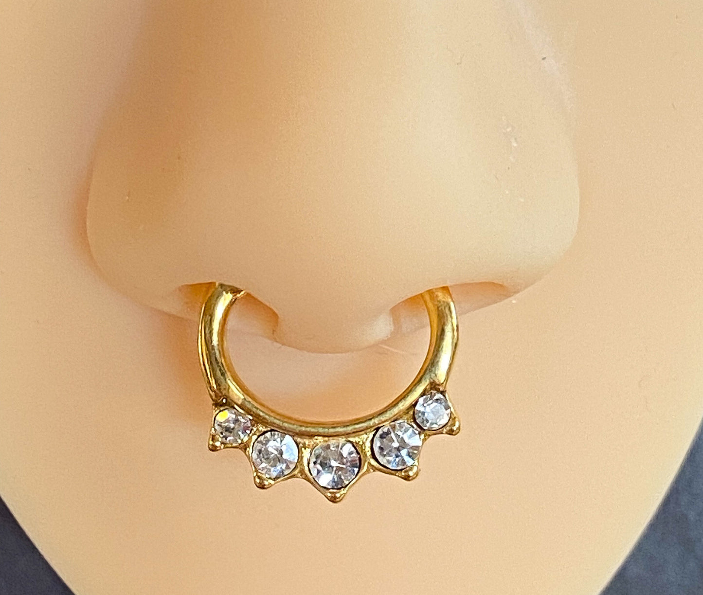 1pc 100% SURGICAL STEEL Five Crystal Gem Septum Clicker Nose Ring 16g Gold Black