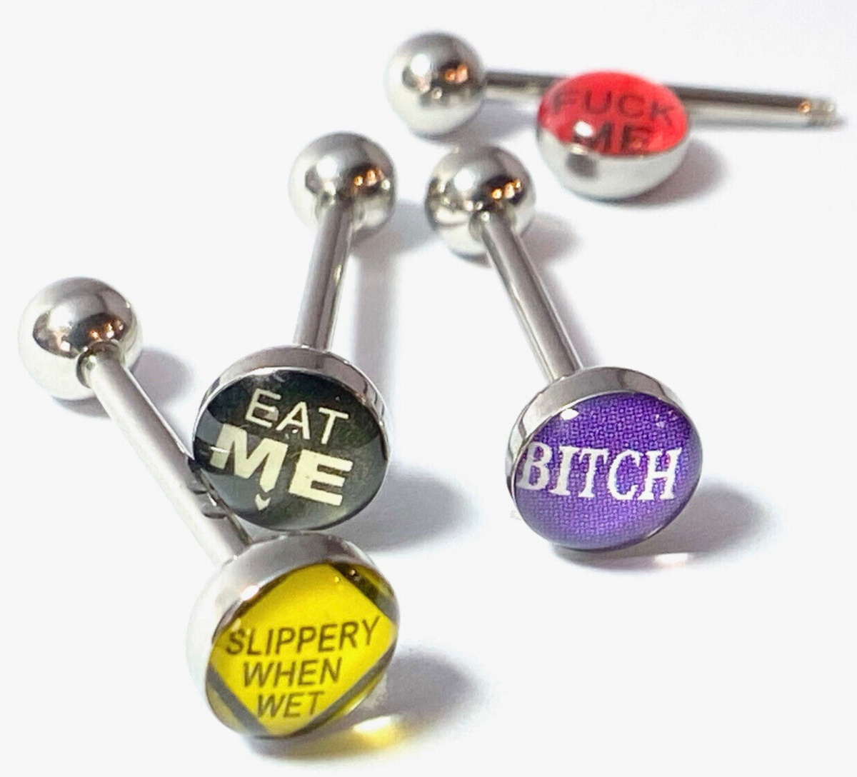 4pc Value Pack Epoxy Dome Bad Word Tongue Rings 14g Tounge Body Jewelry Lot