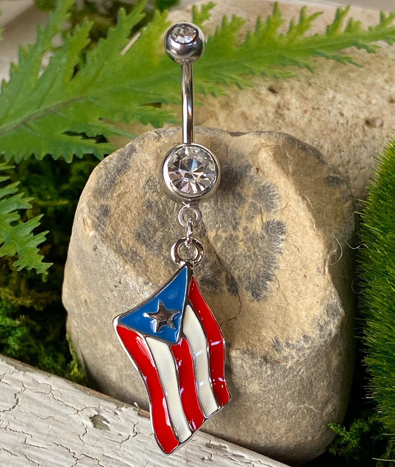 Flag Belly Ring 316L Surgical Steel Pierced Navel Naval Patriotic Country CZ Gem