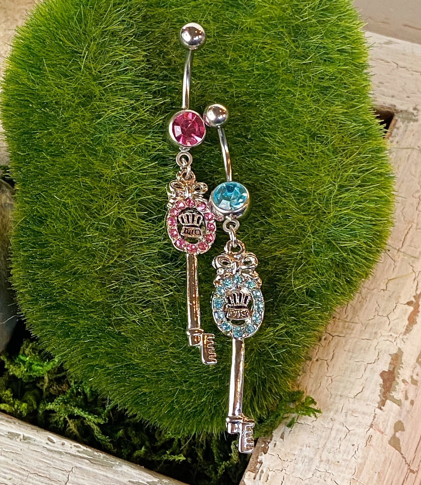 Juicy Key Dangle CZ Gem Belly Ring Navel Naval Clear, Pink, Aqua