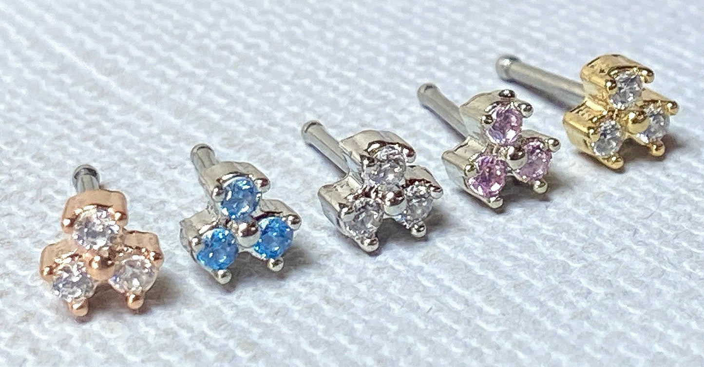 1pc Three CZ Gem Trinity Top 20g Nose Ring Stud Triangle 316L Surgical Steel
