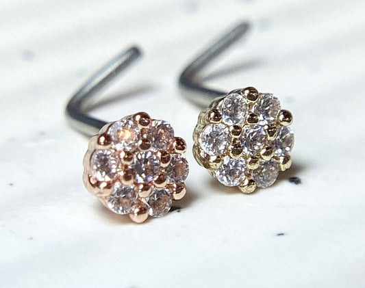 1pc CZ Paved Flower L-Bend 20g Nose Ring Stud Screw 316L Surgical Steel