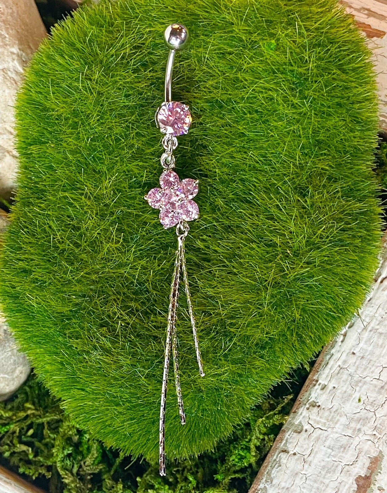 Flower Gem Chain Dangle Belly Ring Navel Naval Clear, Pink, Gold Plated Clear