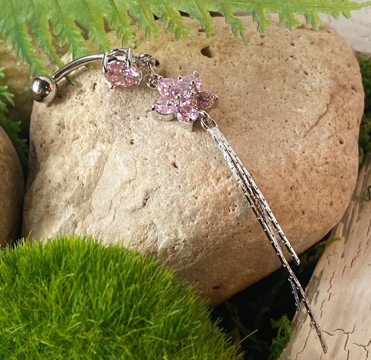 Flower Gem Chain Dangle Belly Ring Navel Naval Clear, Pink, Gold Plated Clear