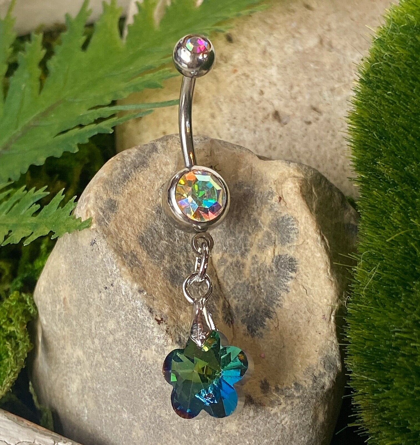 Crystal Ray Prism Flower Gem Belly Ring Navel Naval AB, Clear, Pink, Aqua