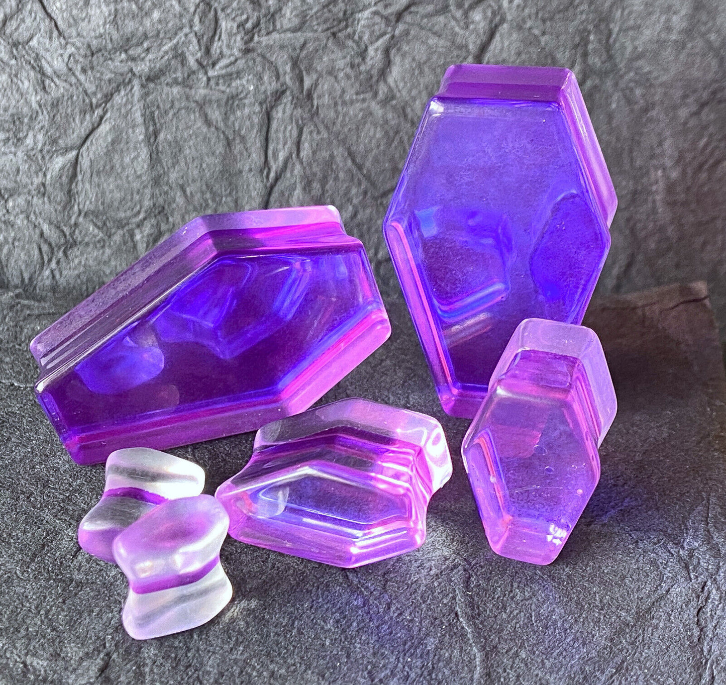 PAIR Mermaid Iridescent Glass Coffin Shaped Double Flare Plugs Gauges