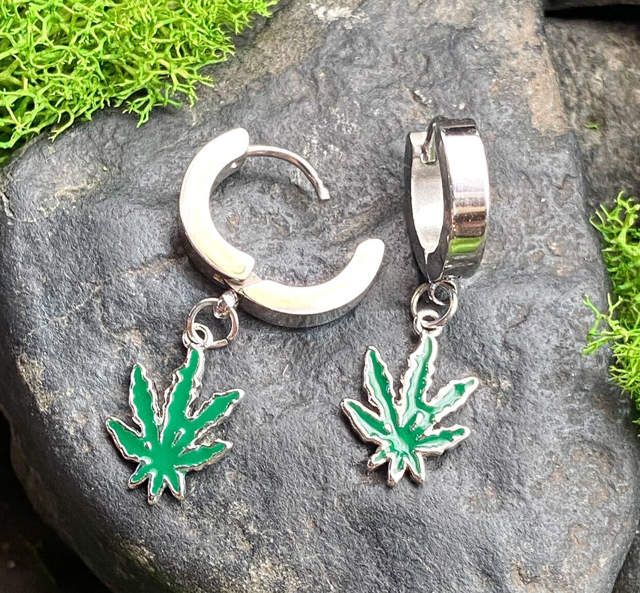 PAIR of Pot Leaf Dangle Hinged Hoop Earrings Huggies Marijuana 18g Steel 