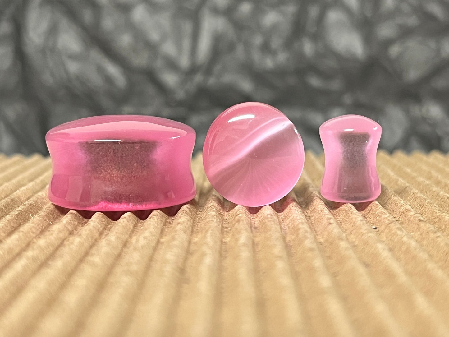 PAIR  Pink Cat Eye Stone Double Flare Plugs Tunnels Earlets Gauges Body Jewelry