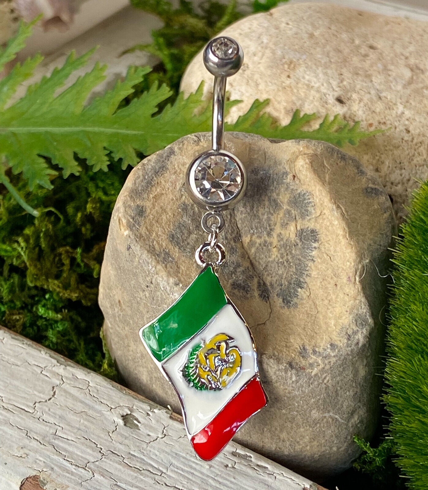Flag Belly Ring 316L Surgical Steel Pierced Navel Naval Patriotic Country CZ Gem