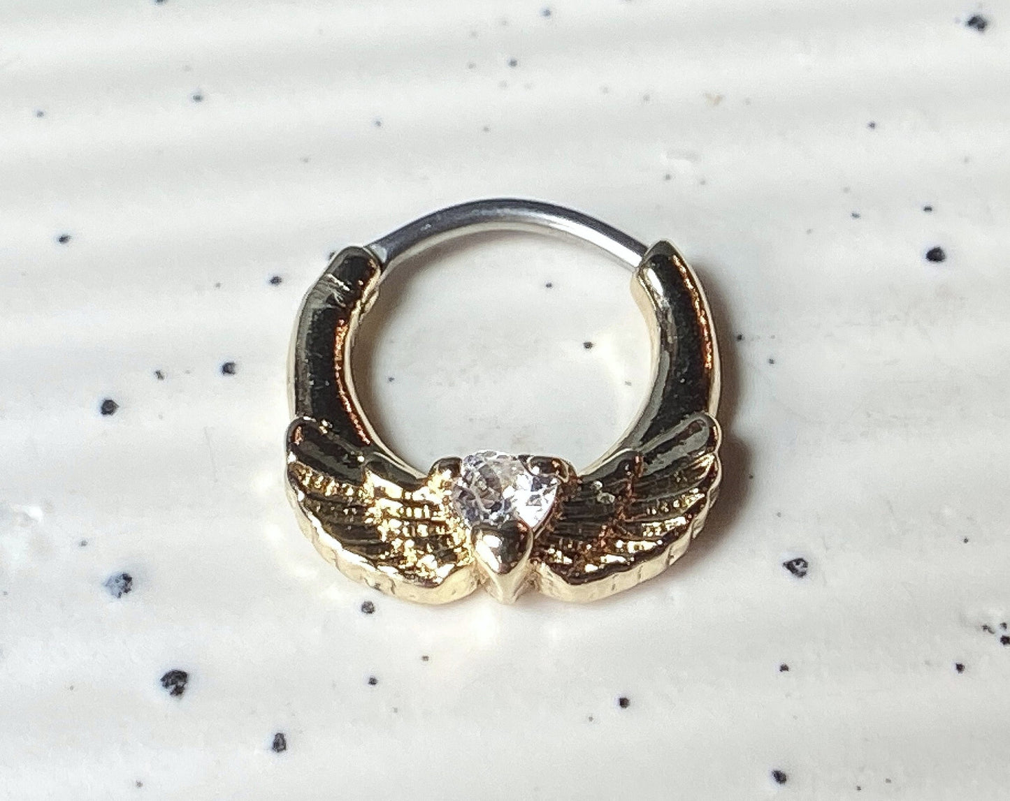1pc Angel Wings w/Heart CZ Gem Septum Clicker Nose Ring Body Jewelry