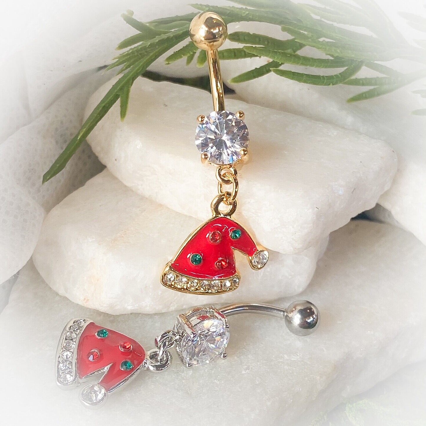 Christmas Dangle Belly Ring Pierced Navel Holiday Surgical Steel 14k Gold IP