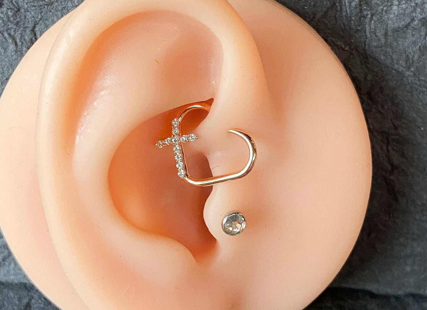 1pc Heart Bendable Ear Cartilage Daith Hoop Ring w/ Paved CZ Gem Cross