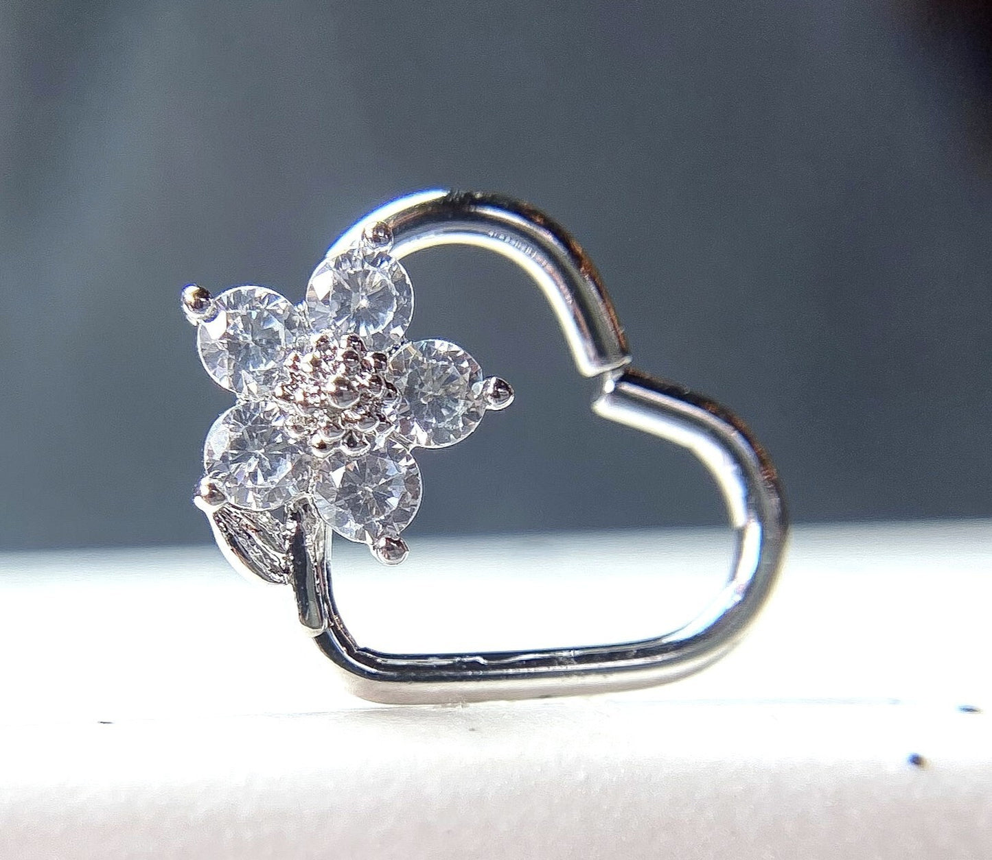 1pc Heart Bendable Ear Cartilage Daith Hoop Ring w/ Prong Set CZ Gem Flower
