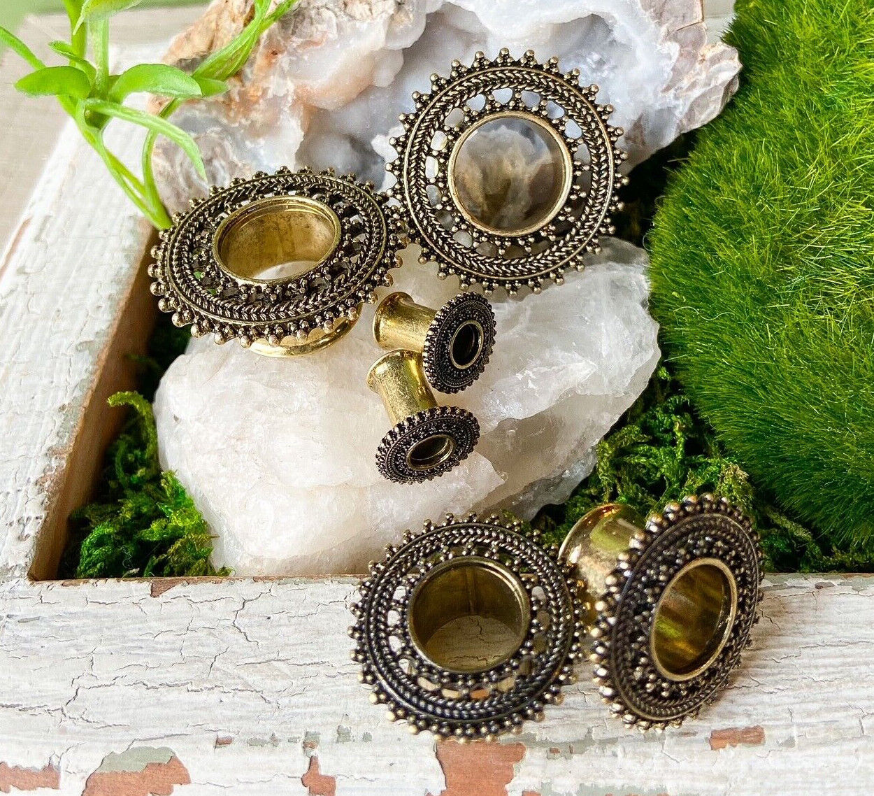 PAIR Antique Gold IP Tribal Lace Design Tunnels Plugs Earlet Gauges Body Jewelry