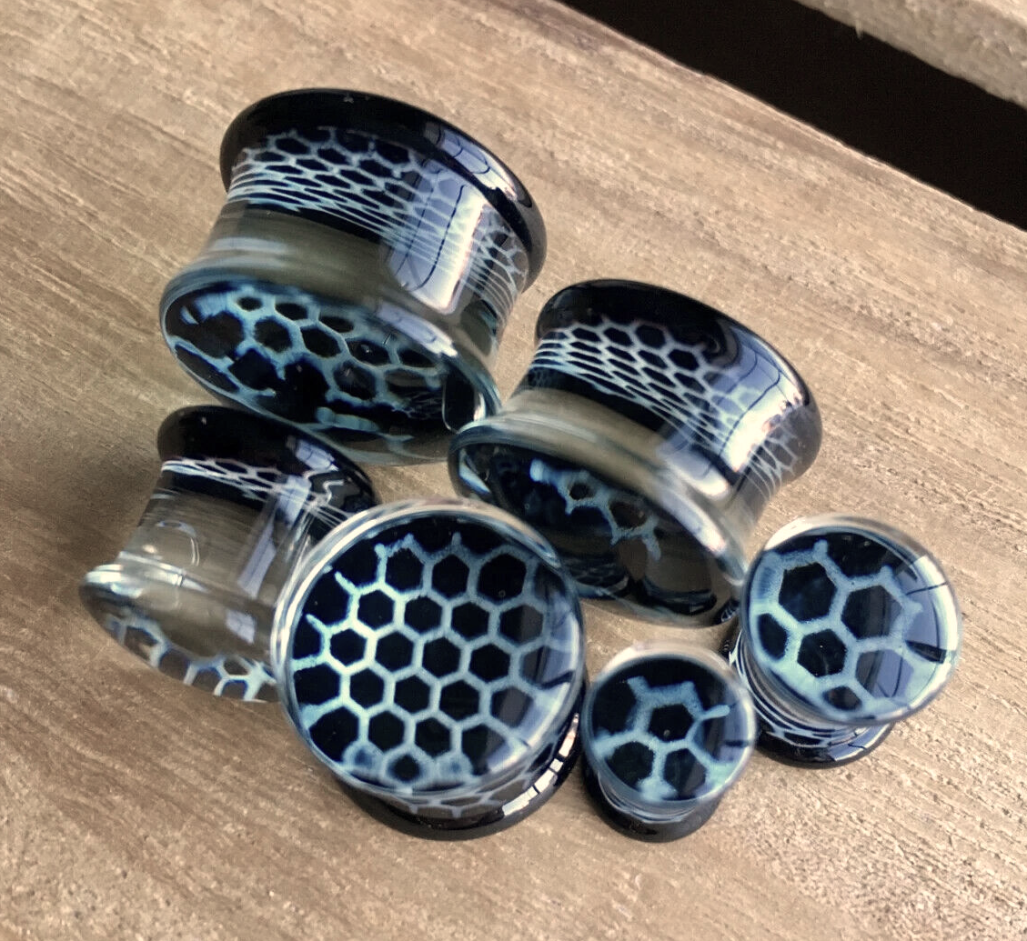 PAIR of Unique Black Honeycomb Design Pyrex Glass Double Flare Plugs - Gauges 2g (6mm) through 5/8" (16mm)