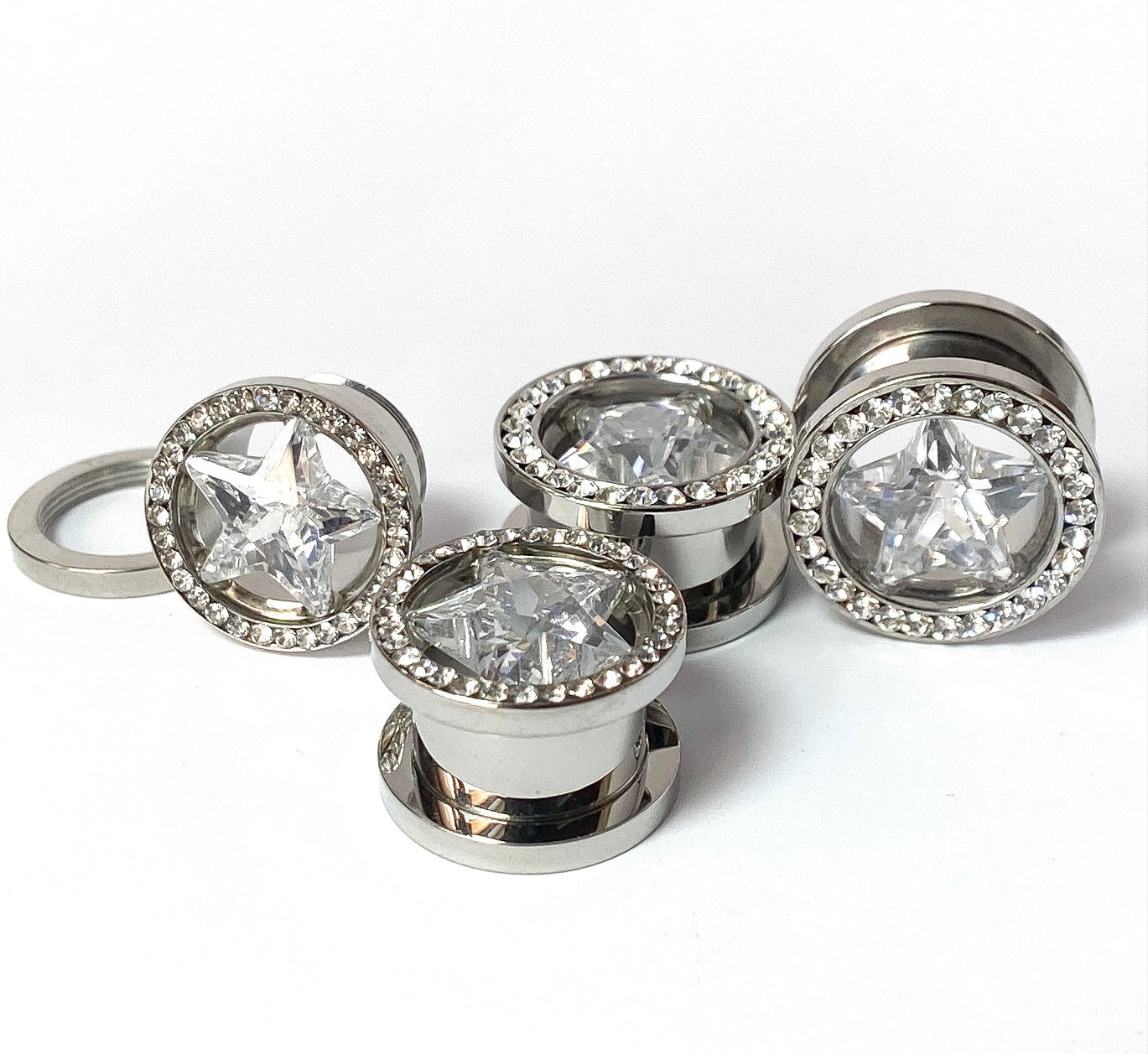 PAIR of Clear Star CZ Gem Surrounded by a Clear CZ Rim Steel Screw Fit Plug