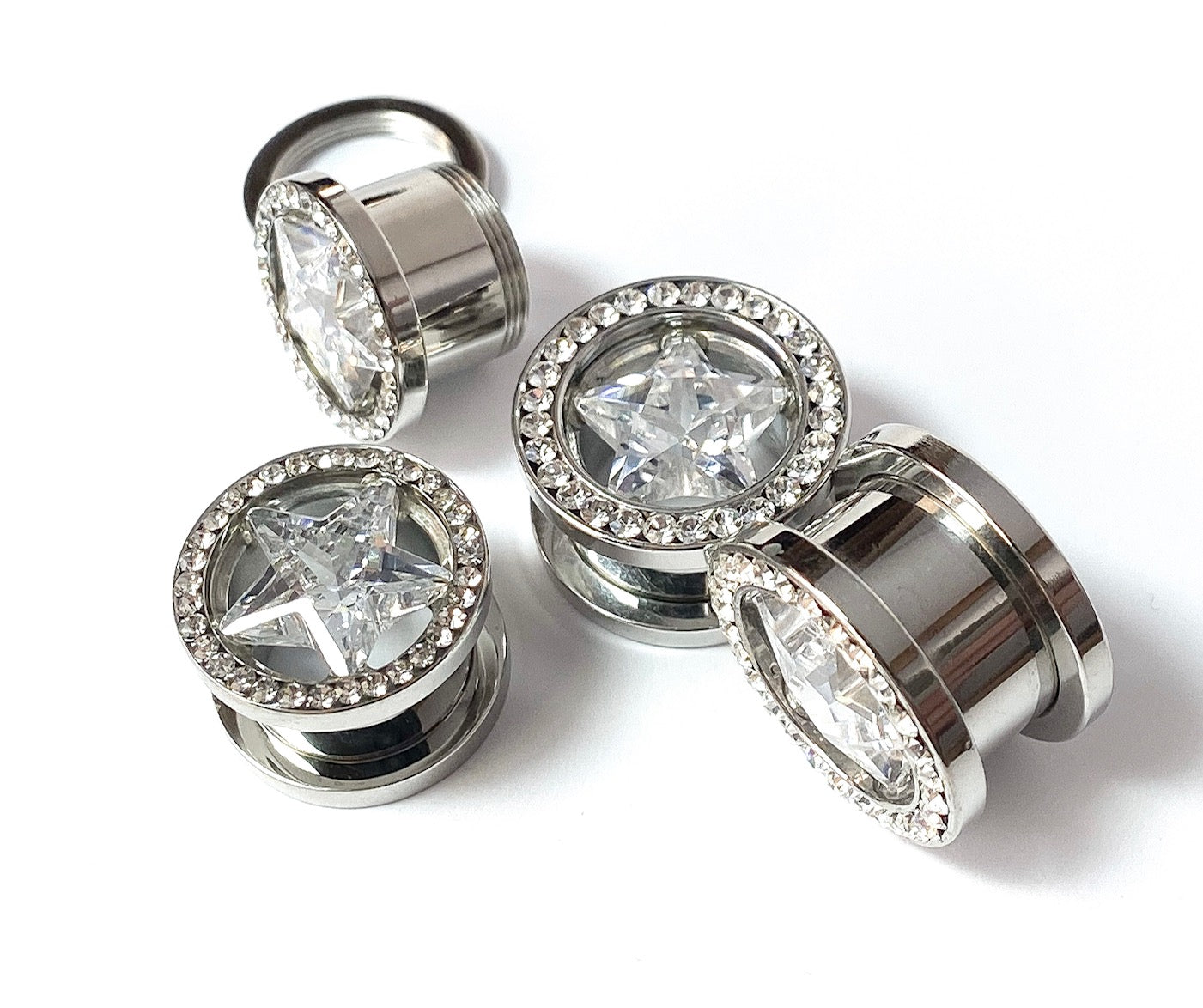 PAIR of Clear Star CZ Gem Surrounded by a Clear CZ Rim Steel Screw Fit Plug