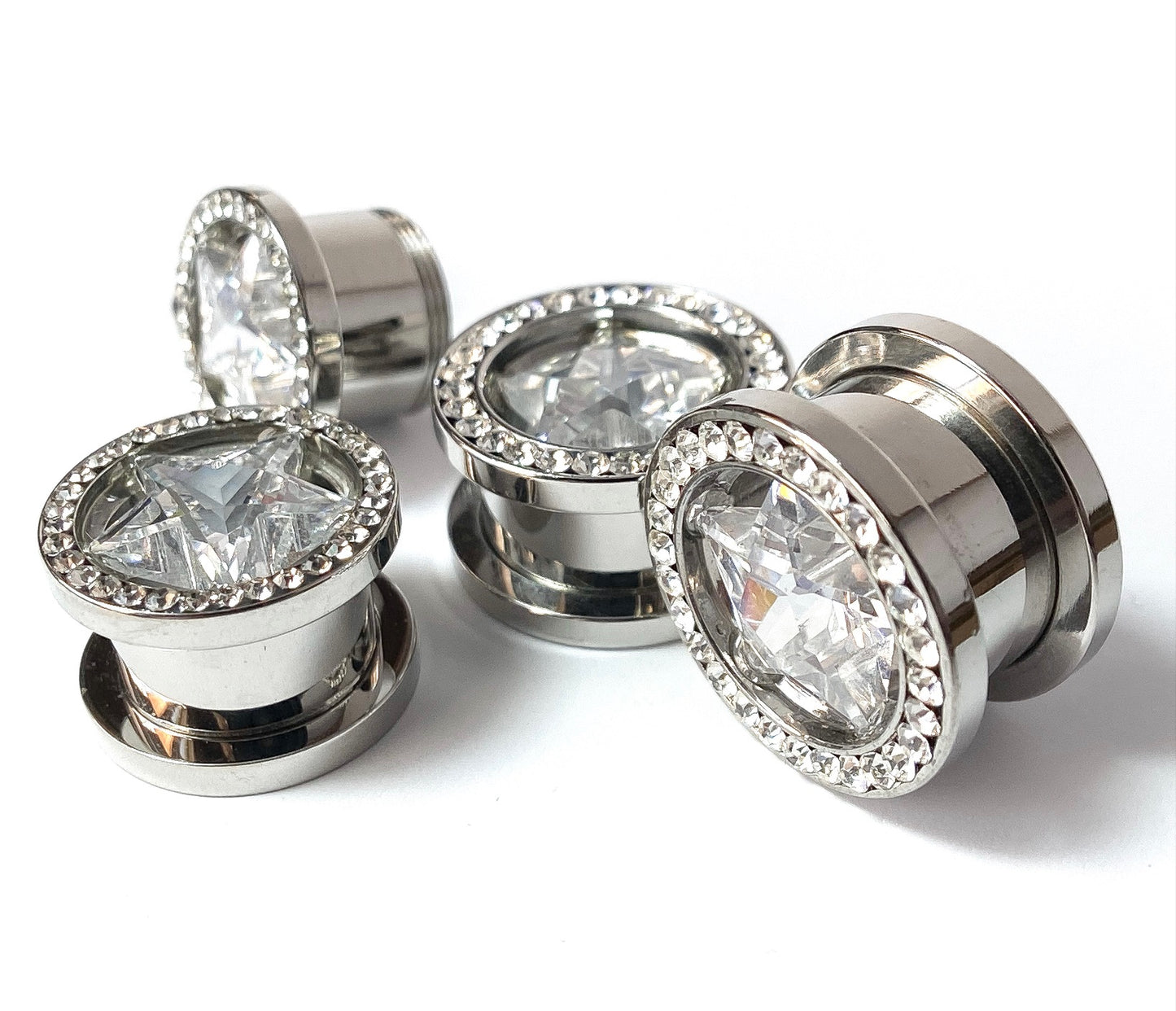 PAIR of Clear Star CZ Gem Surrounded by a Clear CZ Rim Steel Screw Fit Plug