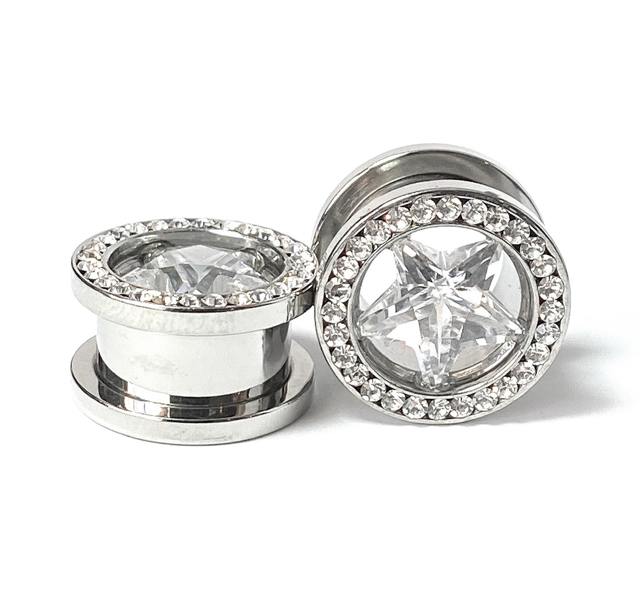 PAIR of Clear Star CZ Gem Surrounded by a Clear CZ Rim Steel Screw Fit Plug