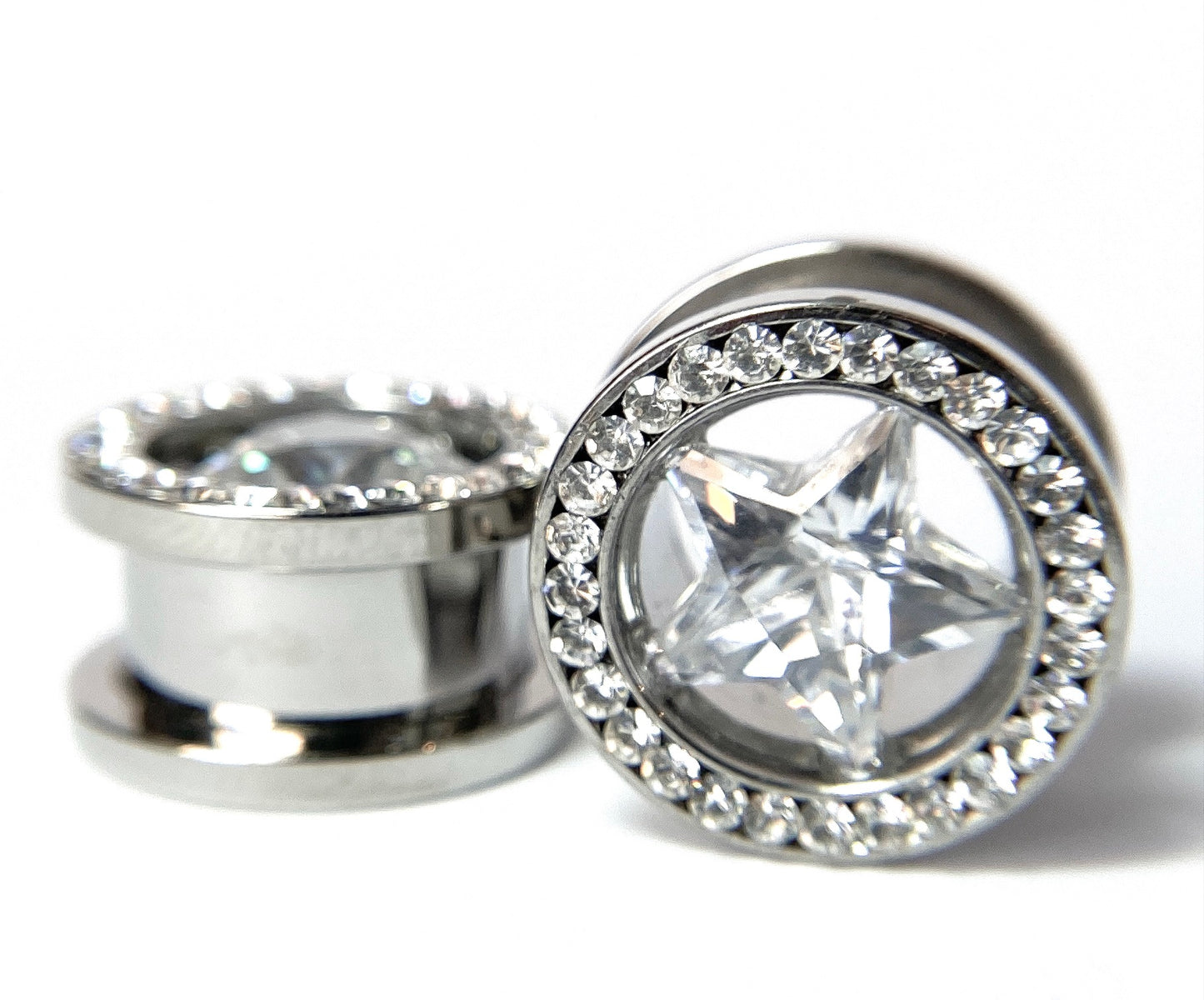 PAIR of Clear Star CZ Gem Surrounded by a Clear CZ Rim Steel Screw Fit Plug
