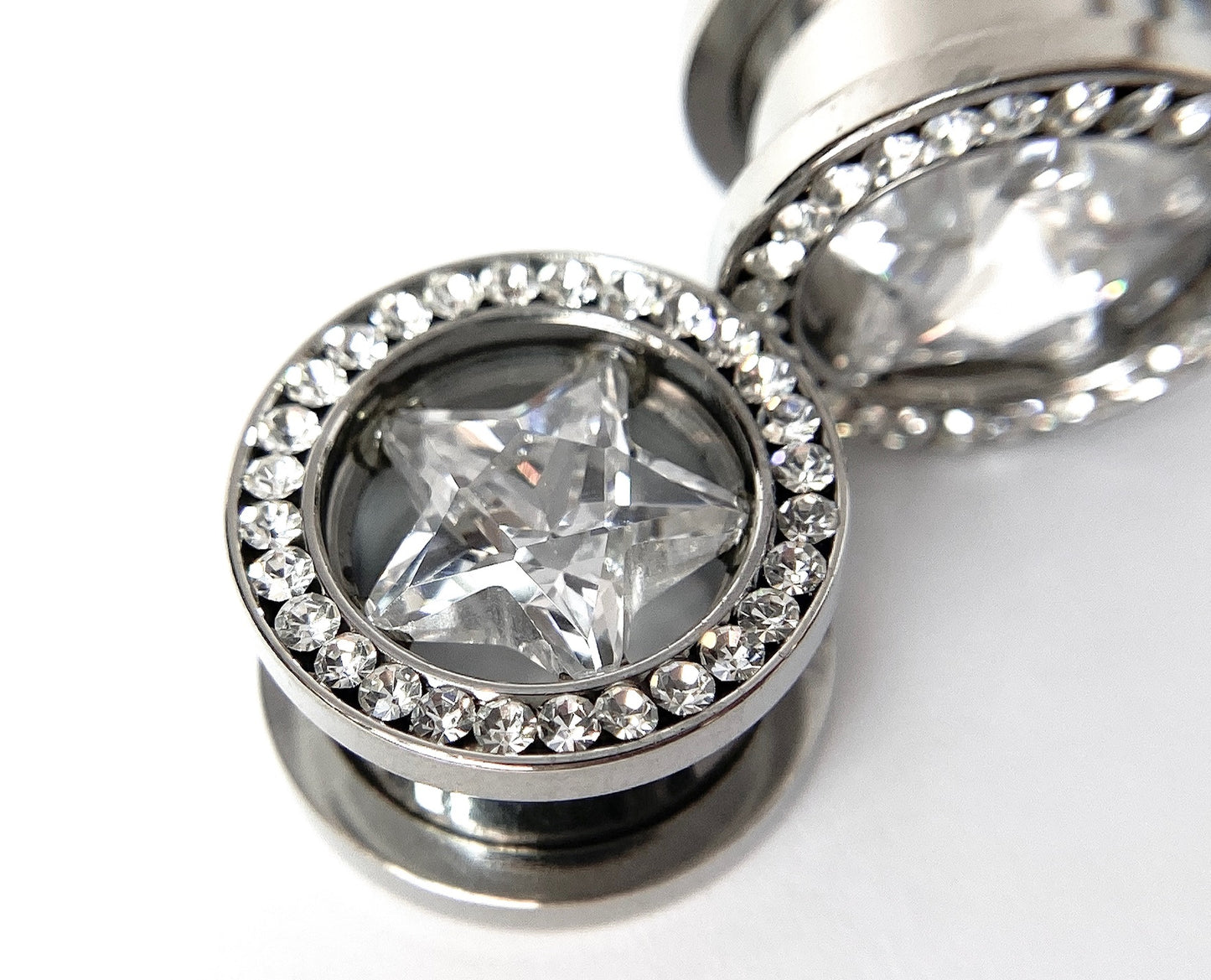 PAIR of Clear Star CZ Gem Surrounded by a Clear CZ Rim Steel Screw Fit Plug