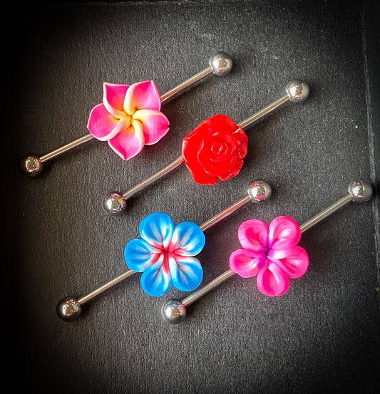 1 Piece Steel Industrial Barbell with Beautiful 3-D Flower 1&1/2" (38mm)