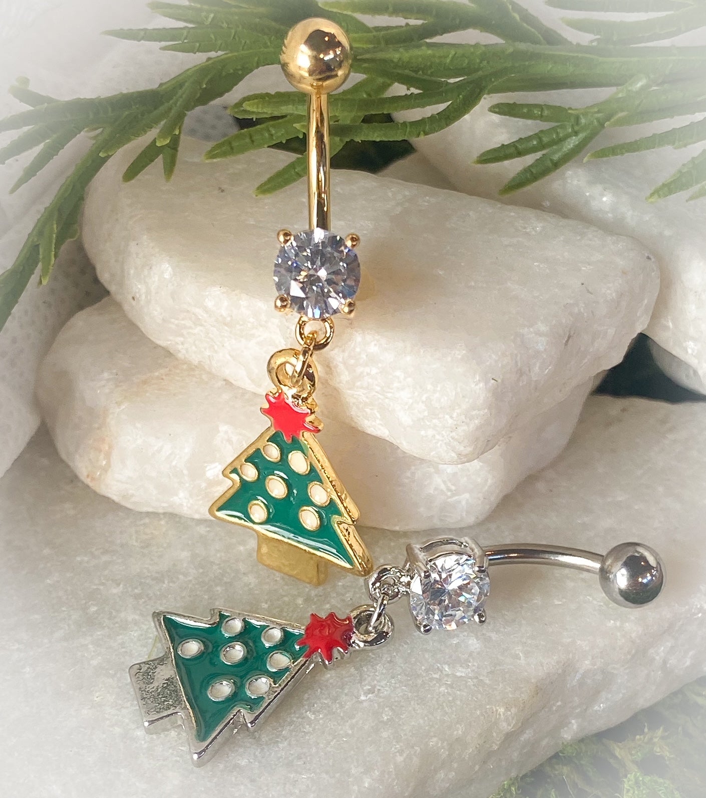 Christmas Dangle Belly Ring Pierced Navel Holiday Surgical Steel 14k Gold IP