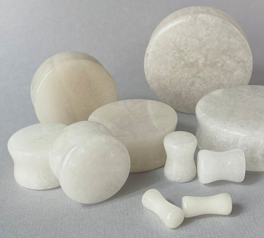 PAIR of White Jade Organic Stone Double Flare Plugs Tunnels Gauges Earlets