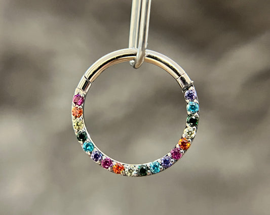 1 Piece Stunning Rainbow CZ Prong Set Front Hinged Segment Septum Ring - 16g - Internal Diameter 6mm, 8mm or 10mm