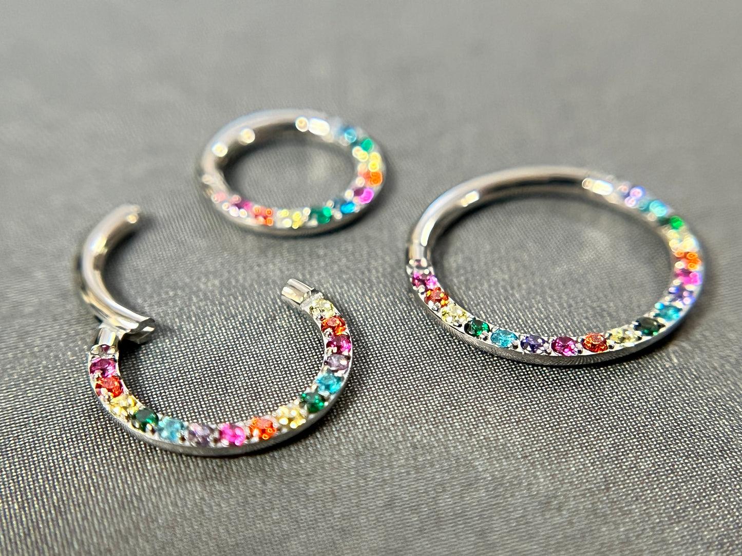 1 Piece Stunning Rainbow CZ Prong Set Front Hinged Segment Septum Ring - 16g - Internal Diameter 6mm, 8mm or 10mm
