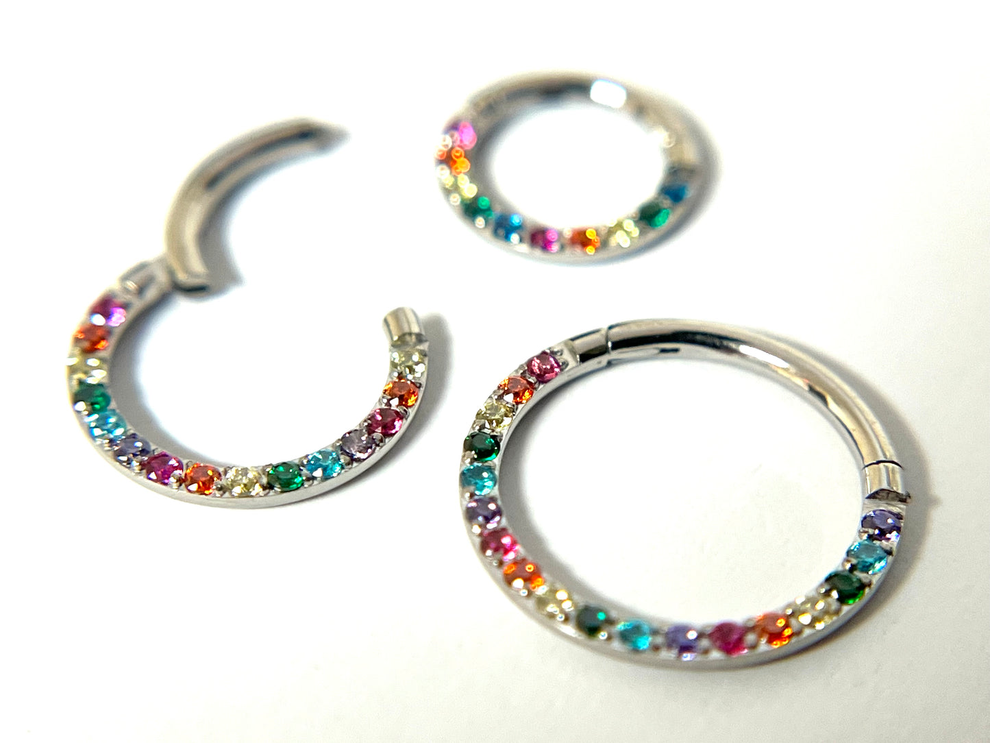 1 Piece Stunning Rainbow CZ Prong Set Front Hinged Segment Septum Ring - 16g - Internal Diameter 6mm, 8mm or 10mm