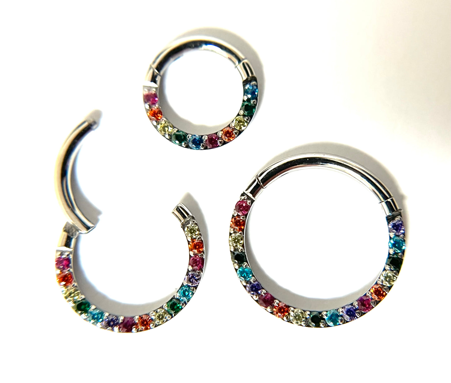 1 Piece Stunning Rainbow CZ Prong Set Front Hinged Segment Septum Ring - 16g - Internal Diameter 6mm, 8mm or 10mm