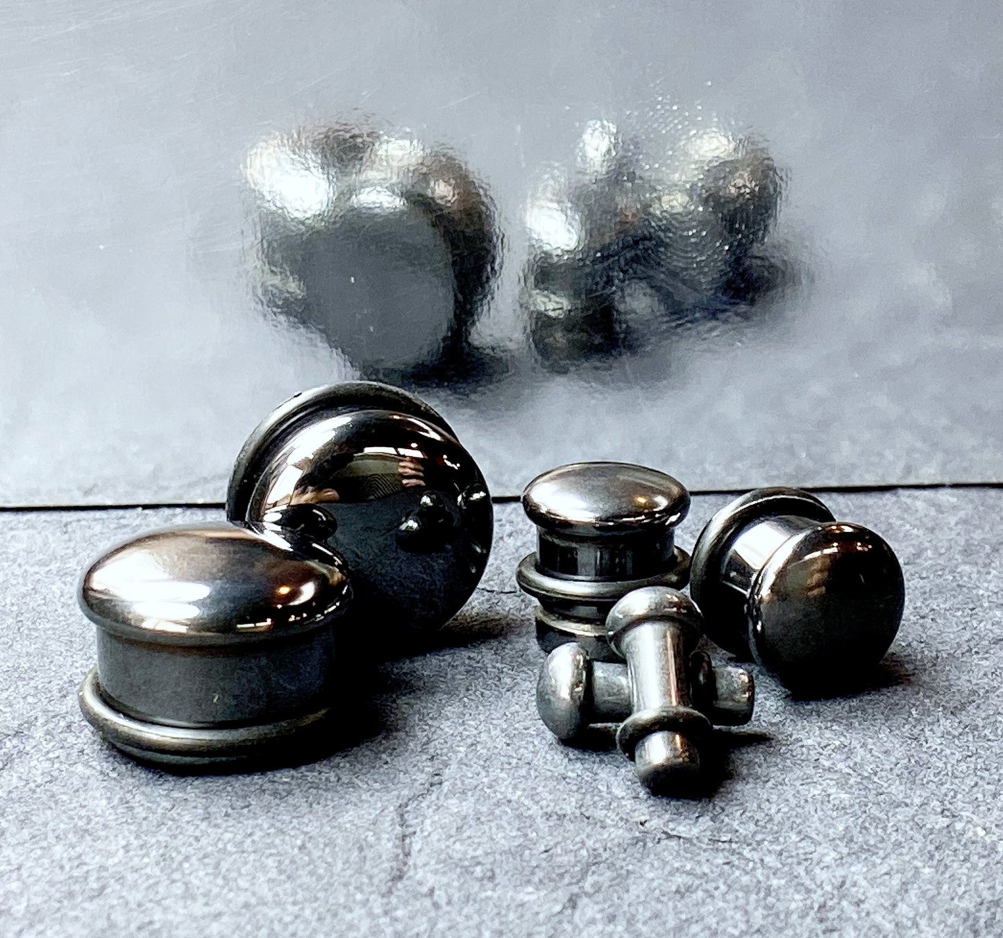 PAIR of Single Flare Hematite Stone Plugs with O-Rings - Gauges 6g (4mm) up to 5/8" (16mm)