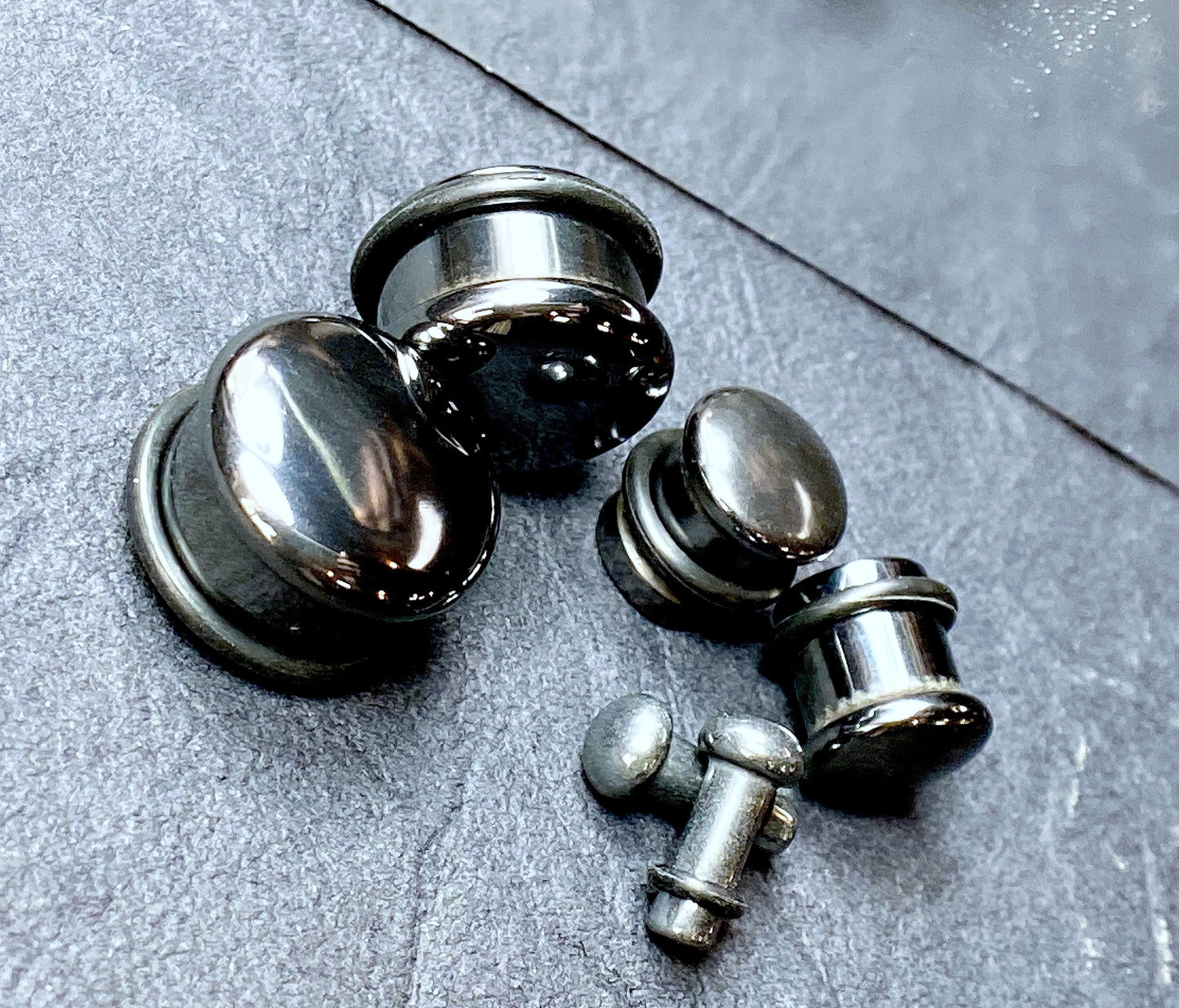 PAIR of Single Flare Hematite Stone Plugs with O-Rings - Gauges 6g (4mm) up to 5/8" (16mm)