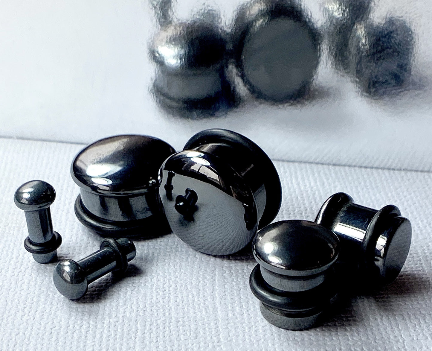 PAIR of Single Flare Hematite Stone Plugs with O-Rings - Gauges 6g (4mm) up to 5/8" (16mm)