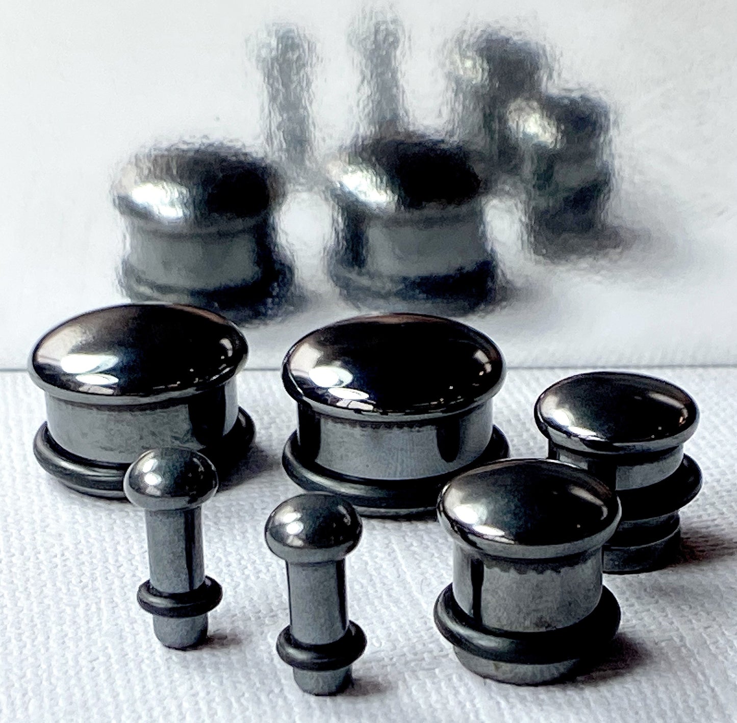 PAIR of Single Flare Hematite Stone Plugs with O-Rings - Gauges 6g (4mm) up to 5/8" (16mm)