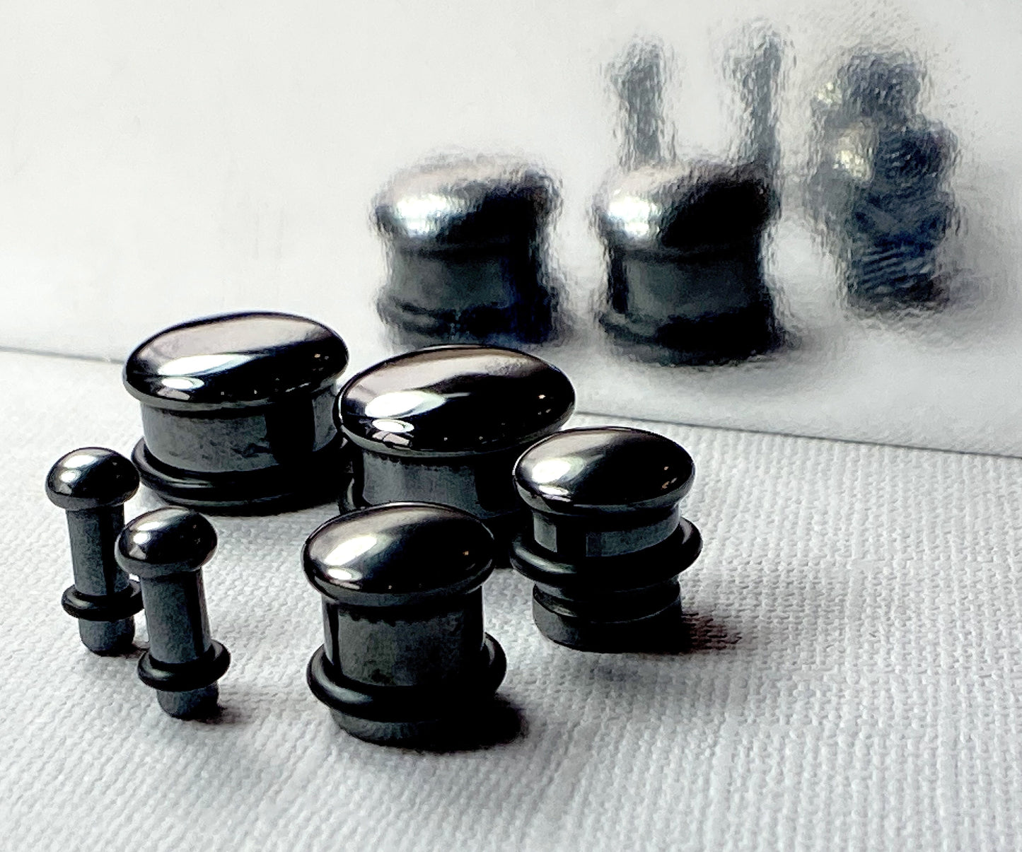 PAIR of Single Flare Hematite Stone Plugs with O-Rings - Gauges 6g (4mm) up to 5/8" (16mm)
