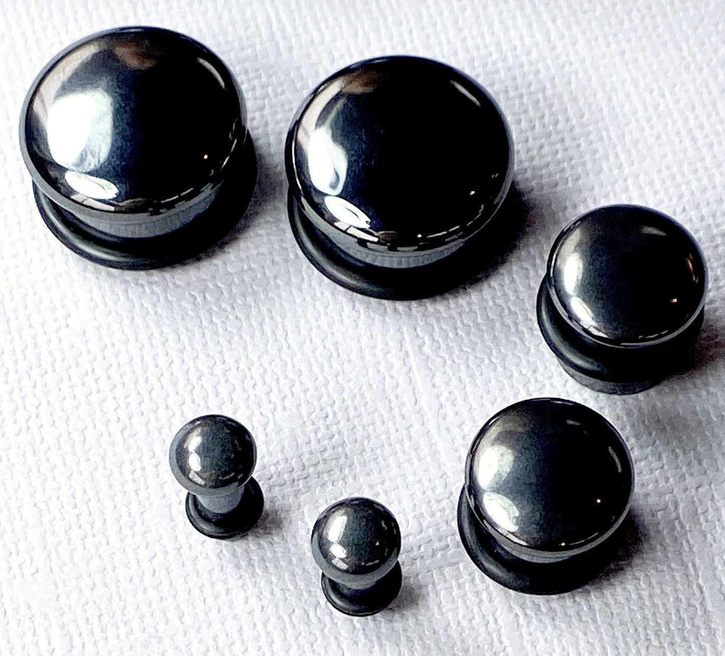 PAIR of Single Flare Hematite Stone Plugs with O-Rings - Gauges 6g (4mm) up to 5/8" (16mm)