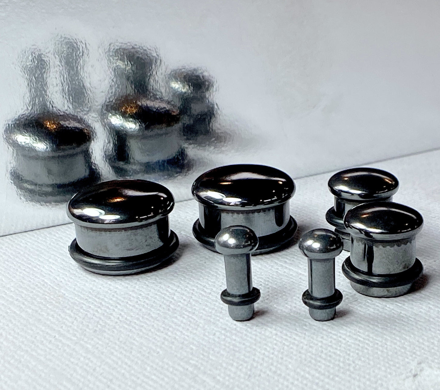 PAIR of Single Flare Hematite Stone Plugs with O-Rings - Gauges 6g (4mm) up to 5/8" (16mm)
