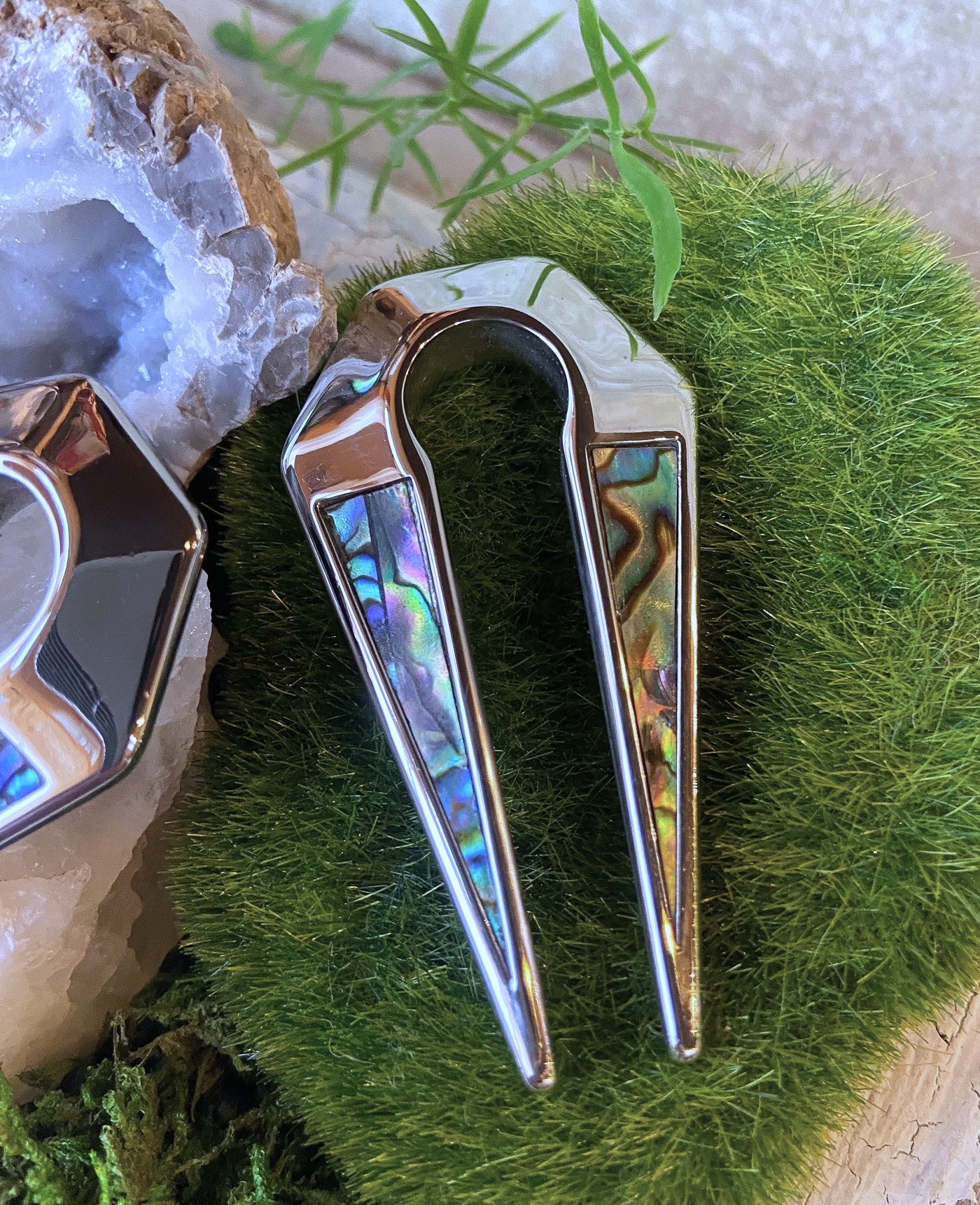 PAIR of Unique Abalone Shell Inlaid Keyhole Ear Weight Hangers - Only 00g (10mm) available!