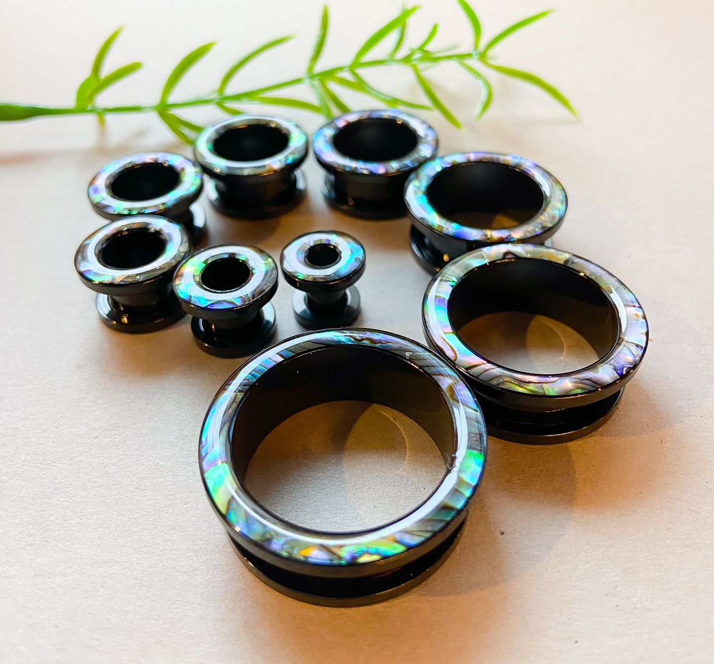 PAIR of Beautiful Abalone Rimmed Black Screw Fit Tunnels Plugs - Gauges 2g (6mm) thru 1" (25mm) available!