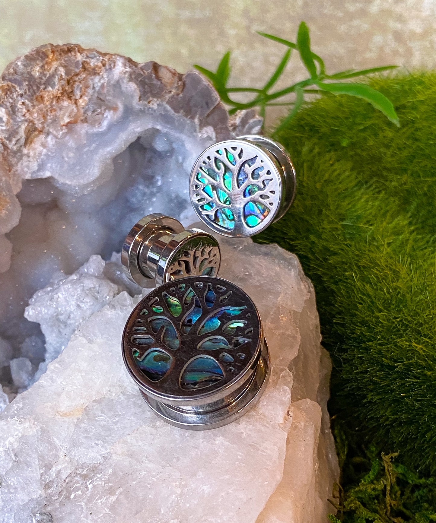 PAIR of Stunning Abalone Inlay Tree of Life Steel Screw Fit Tunnels - Gauges 0g (8mm) thru 5/8" (16mm) available!