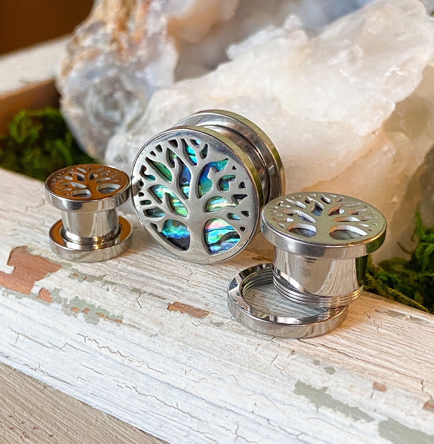 PAIR of Stunning Abalone Inlay Tree of Life Steel Screw Fit Tunnels - Gauges 0g (8mm) thru 5/8" (16mm) available!