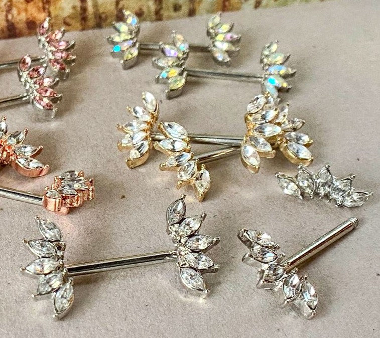 PAIR of Stunning Marquise Crystal Gem Fans Steel Nipple Barbells / Rings