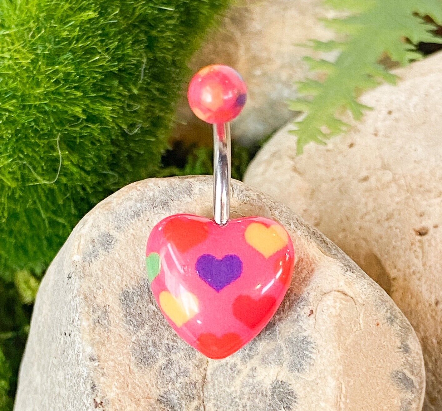 Acrylic Heart Belly Ring Navel Naval Print Black,White, Pink, Blue Stars Cherry