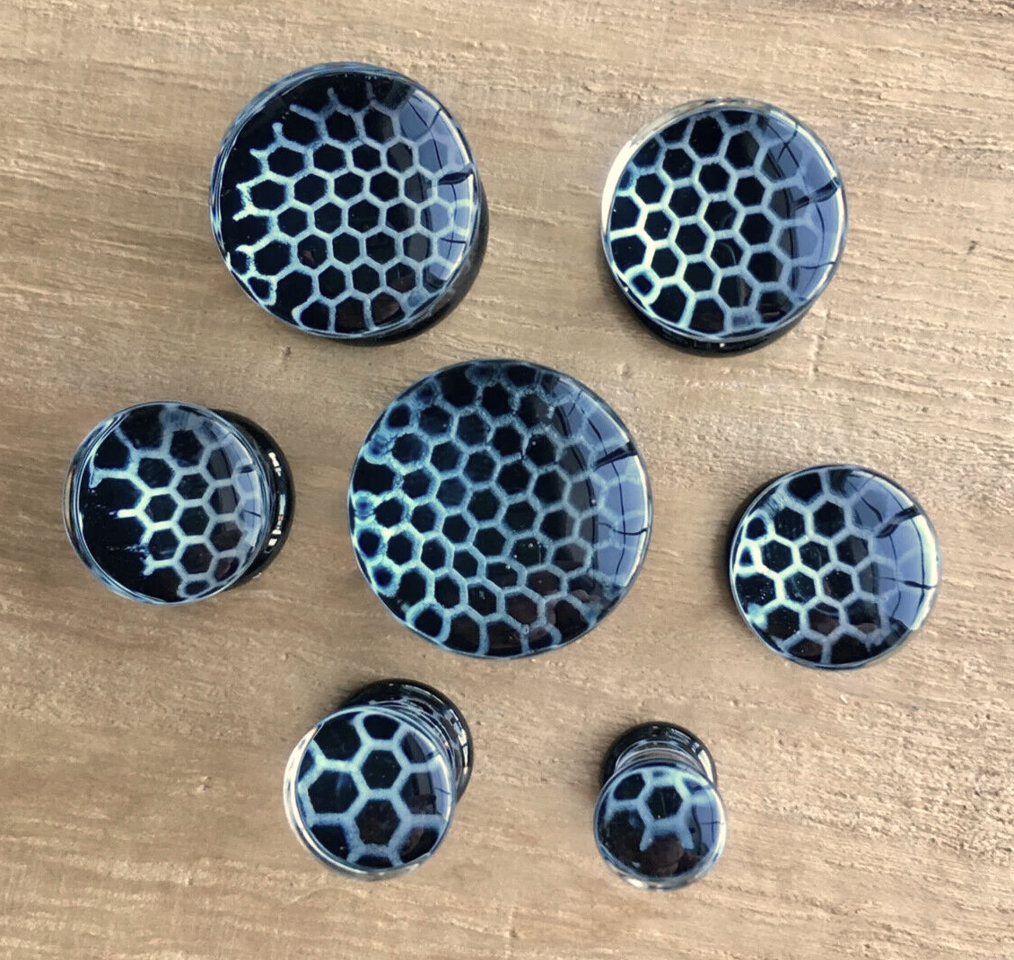 PAIR of Unique Black Honeycomb Design Pyrex Glass Double Flare Plugs - Gauges 2g (6mm) through 5/8" (16mm)